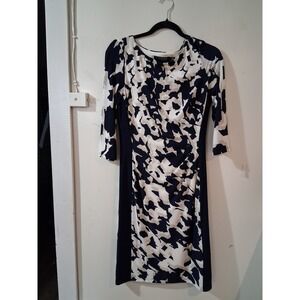 Lauren Ralph Lauren Navy Blue Cream Abstract Ruched Sheath Dress Size 6